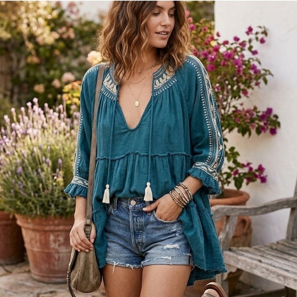 Free People Tunic Women Small Teal Embroidered V-Neck Tassel Tiered Boho Top